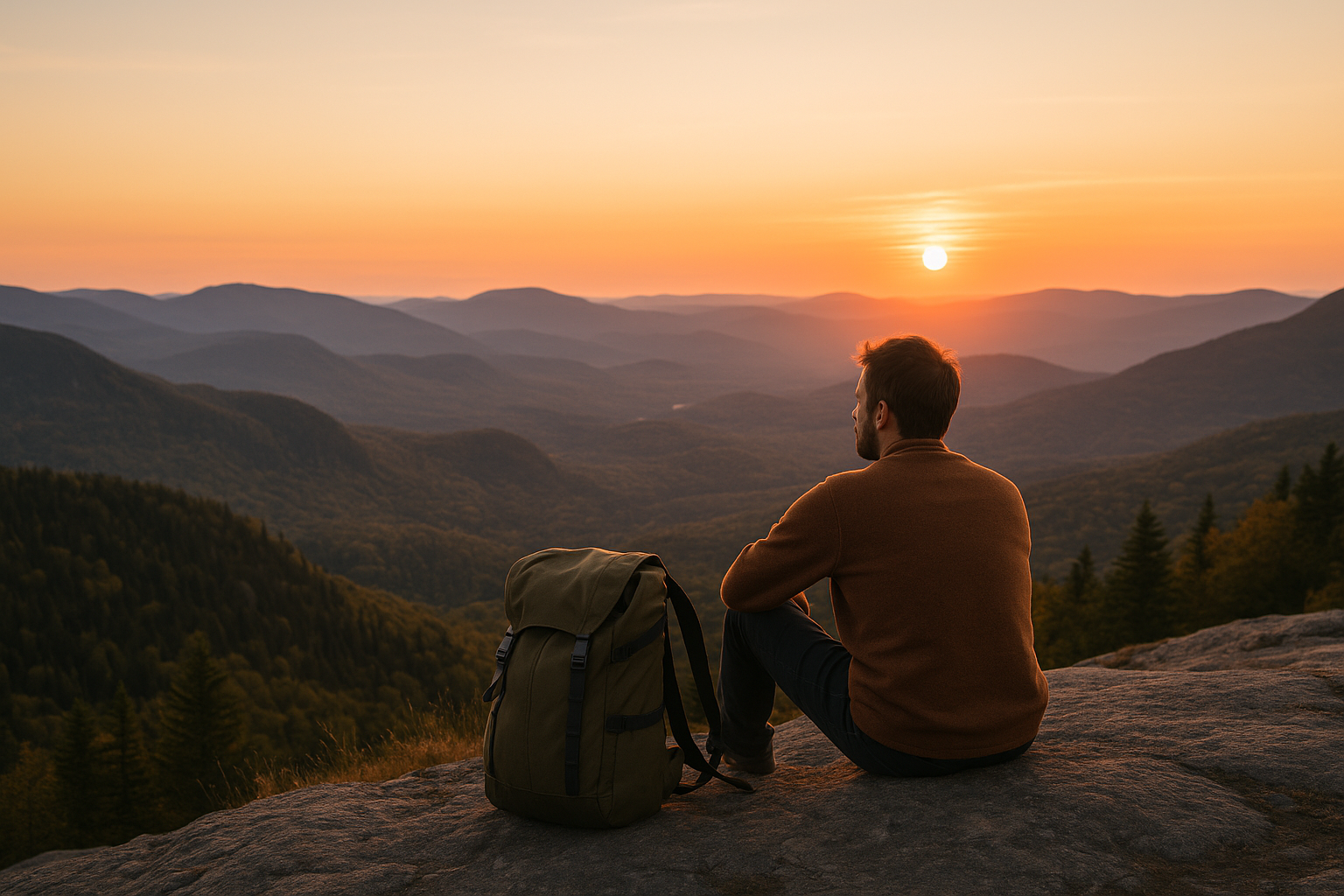 hiker contemplating Quebec mountain panorama at sunset