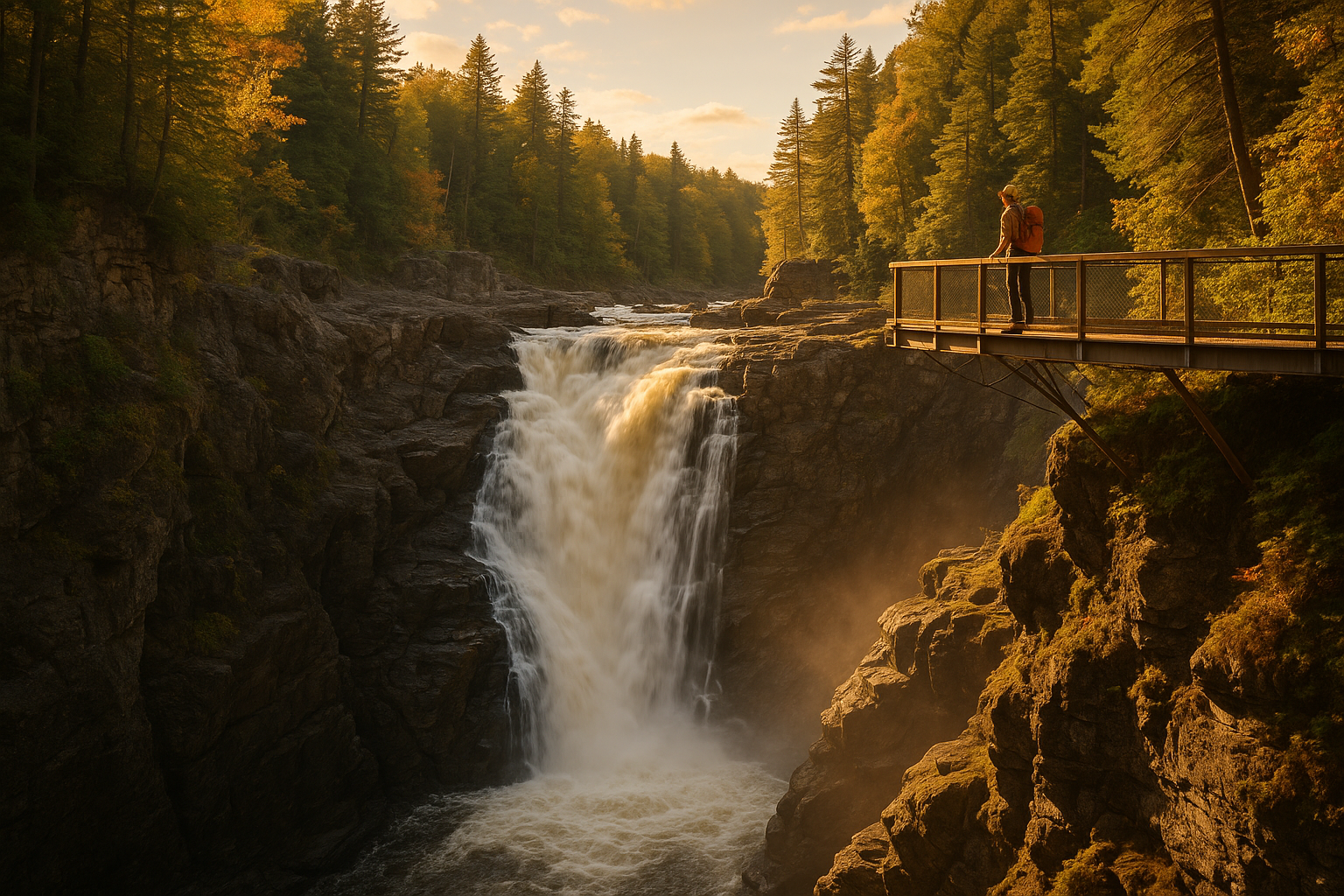 Canyon Sainte-Anne waterfalls walkway hiker golden light
