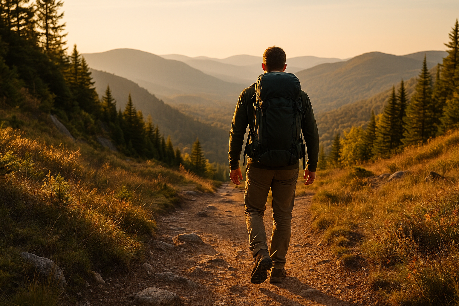 hiker trail Quebec mountain horizon golden light
