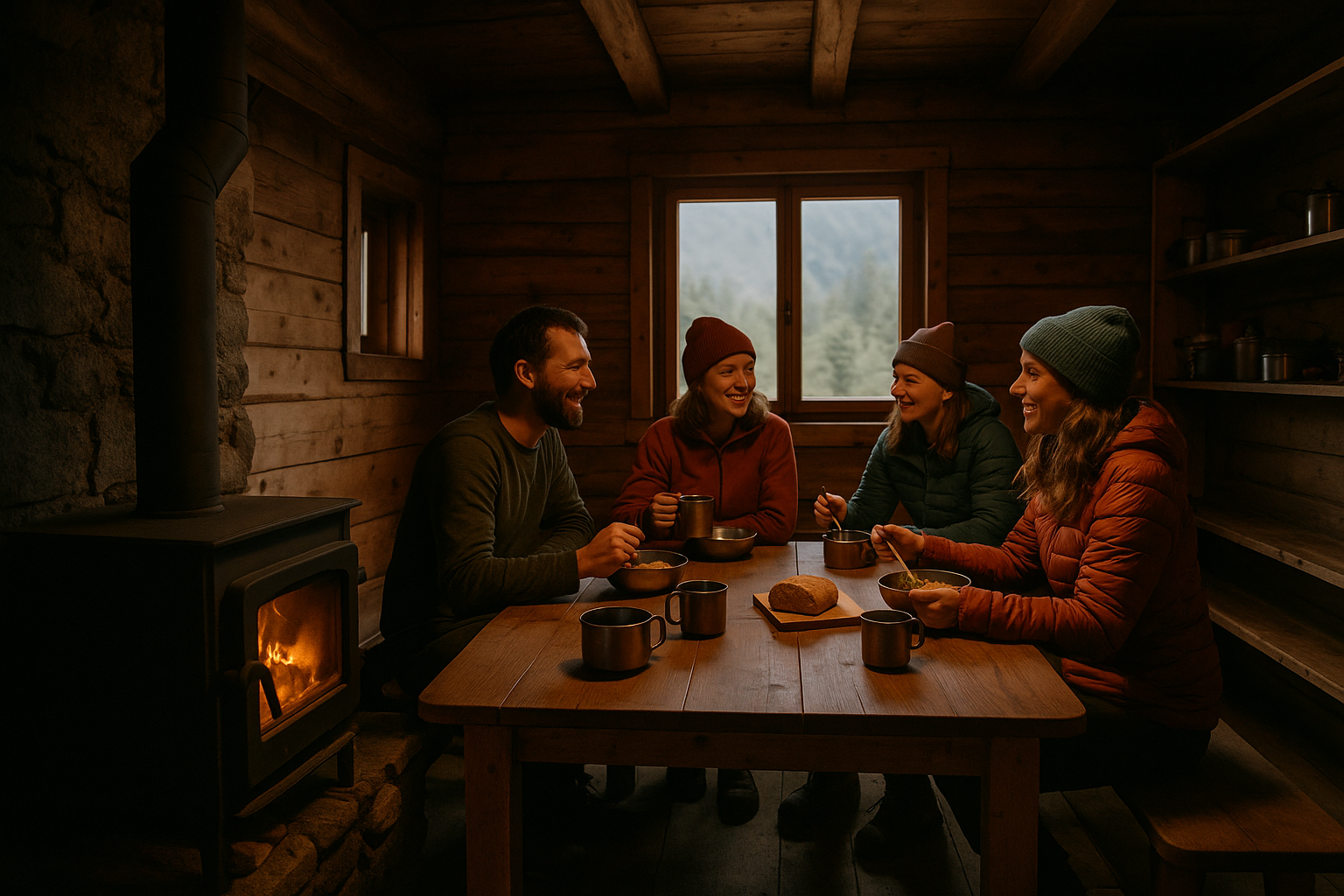 Mont-Albert refuge interior wood stove conviviality
