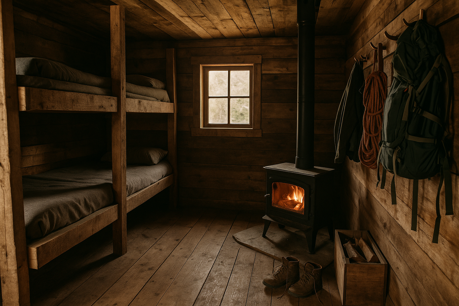 refuge interior bunk beds wood stove