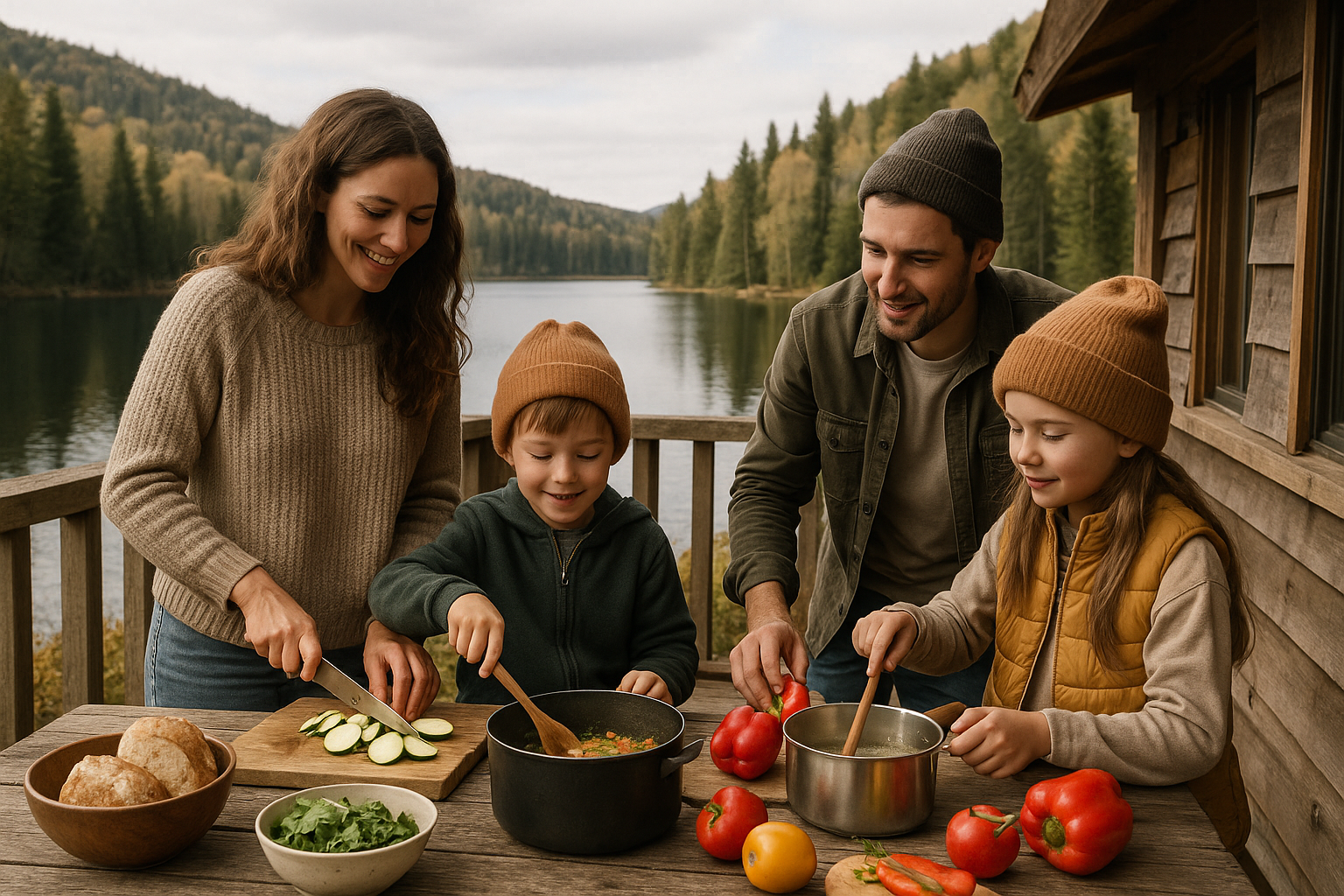 family children refuge terrace Laurentides lake