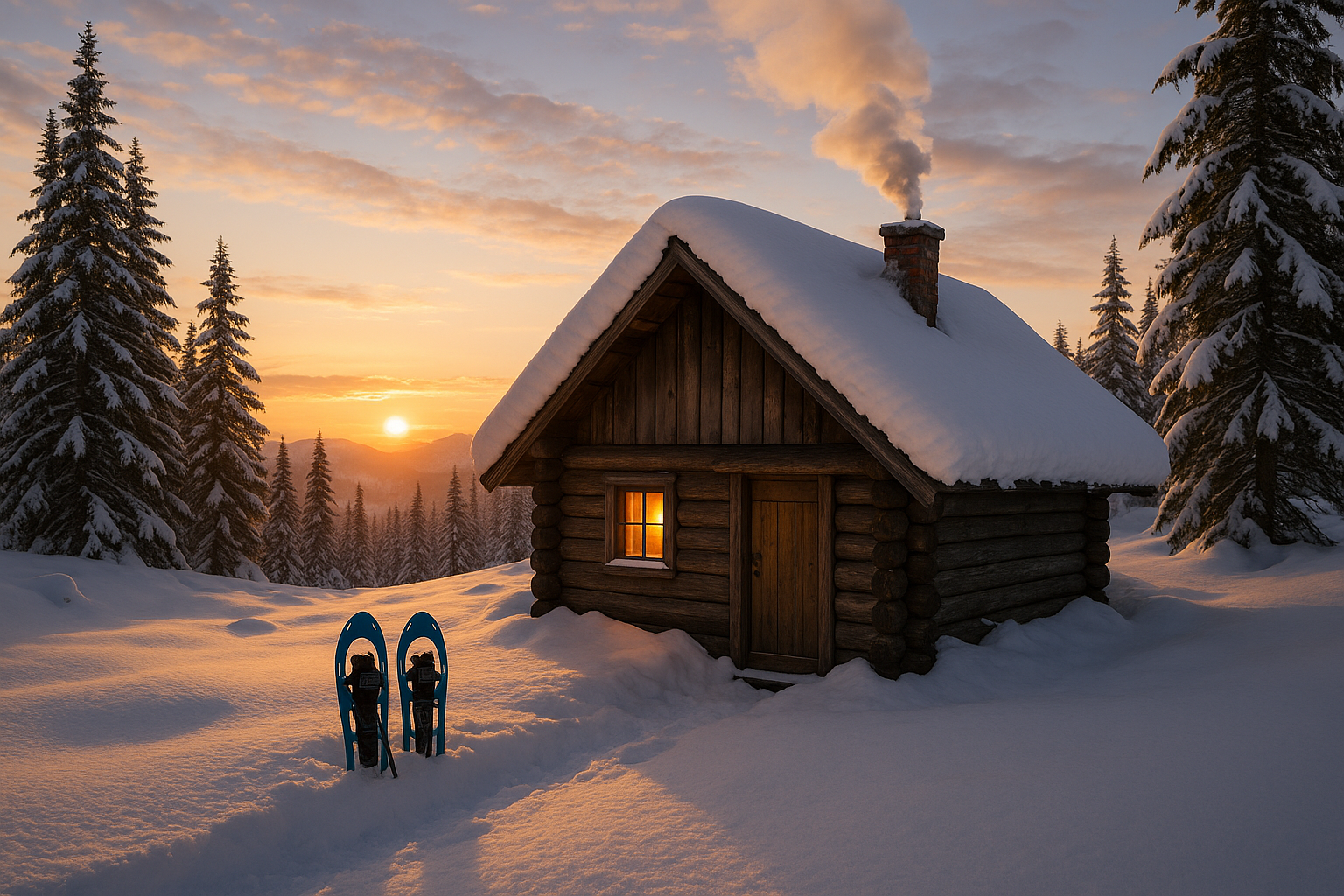 winter refuge snow sunset chimney snowshoes