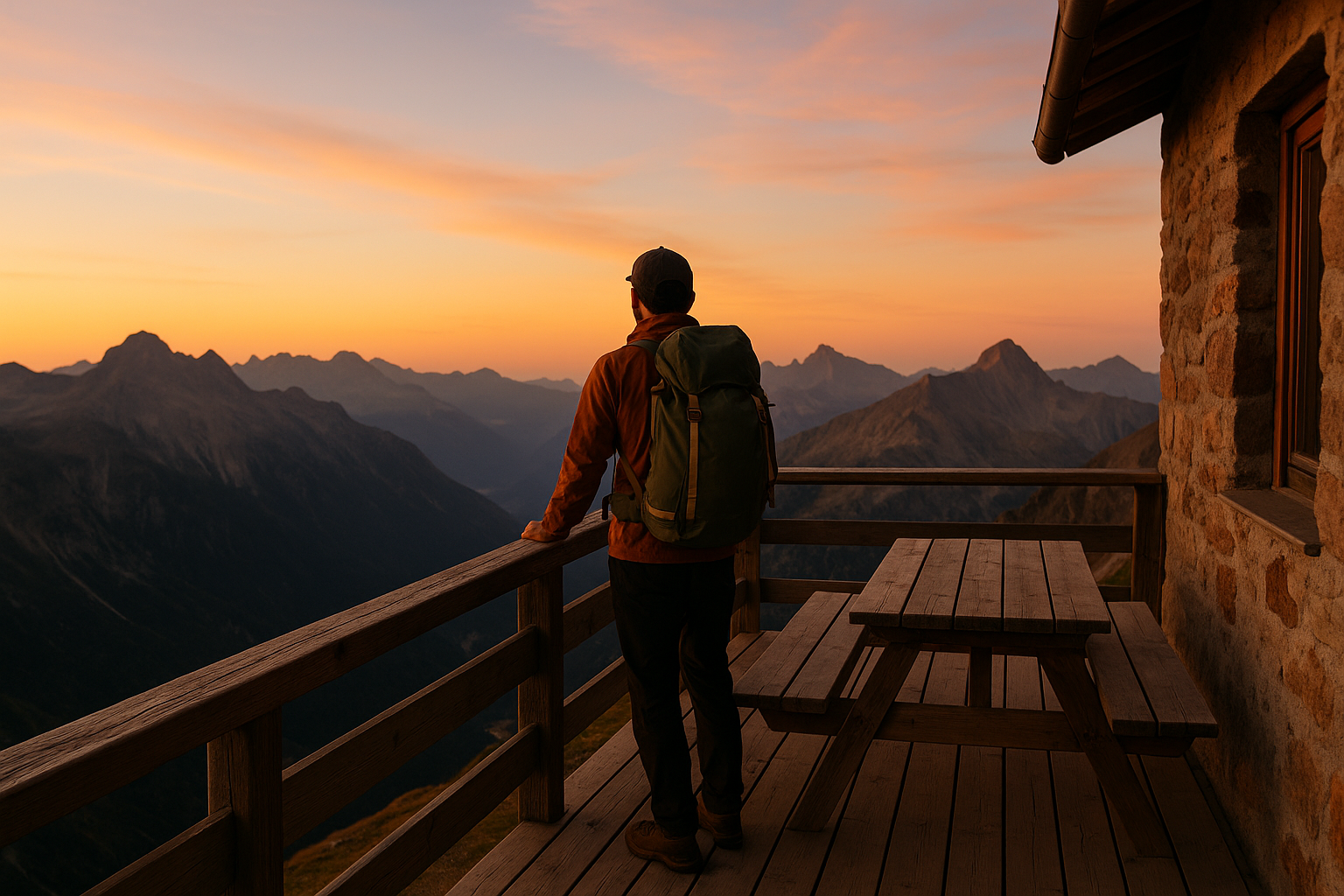 hiker refuge terrace panorama sunset
