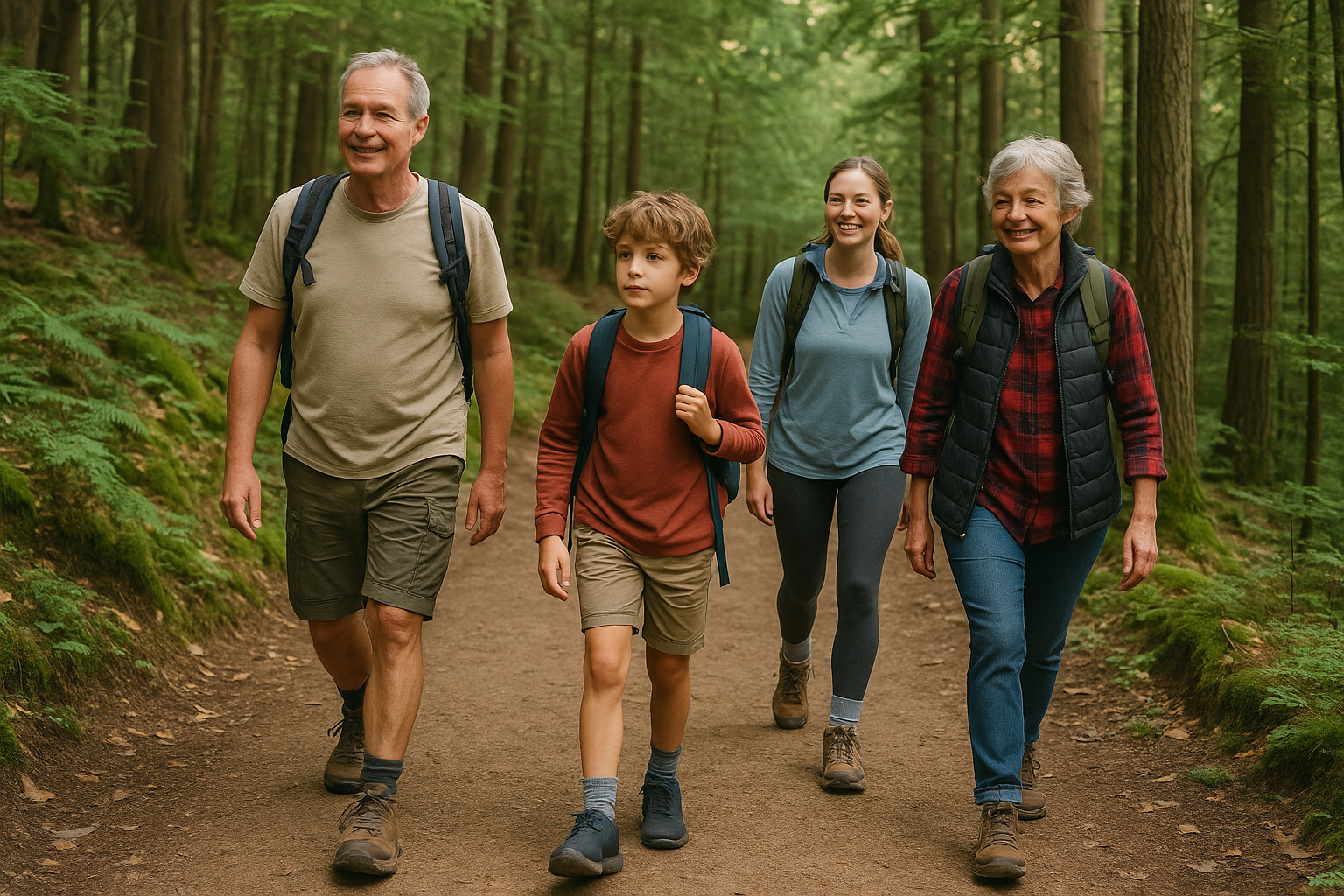 groupe randonneurs sentier forestier chaussures variées