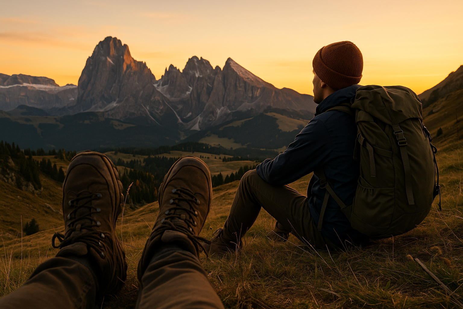 randonneur coucher soleil montagne chaussures randonnée