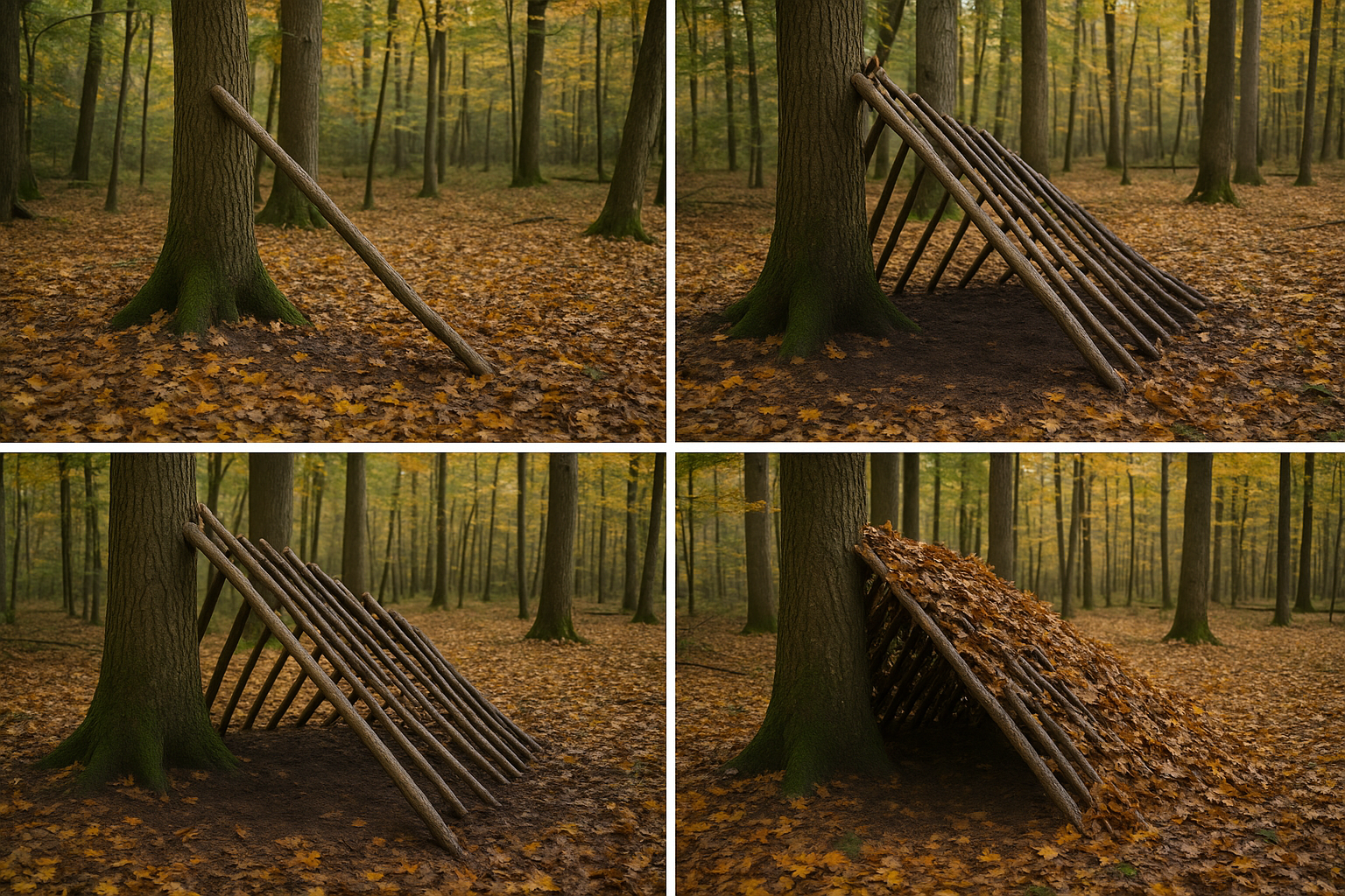 construction abri survie branches feuilles forêt