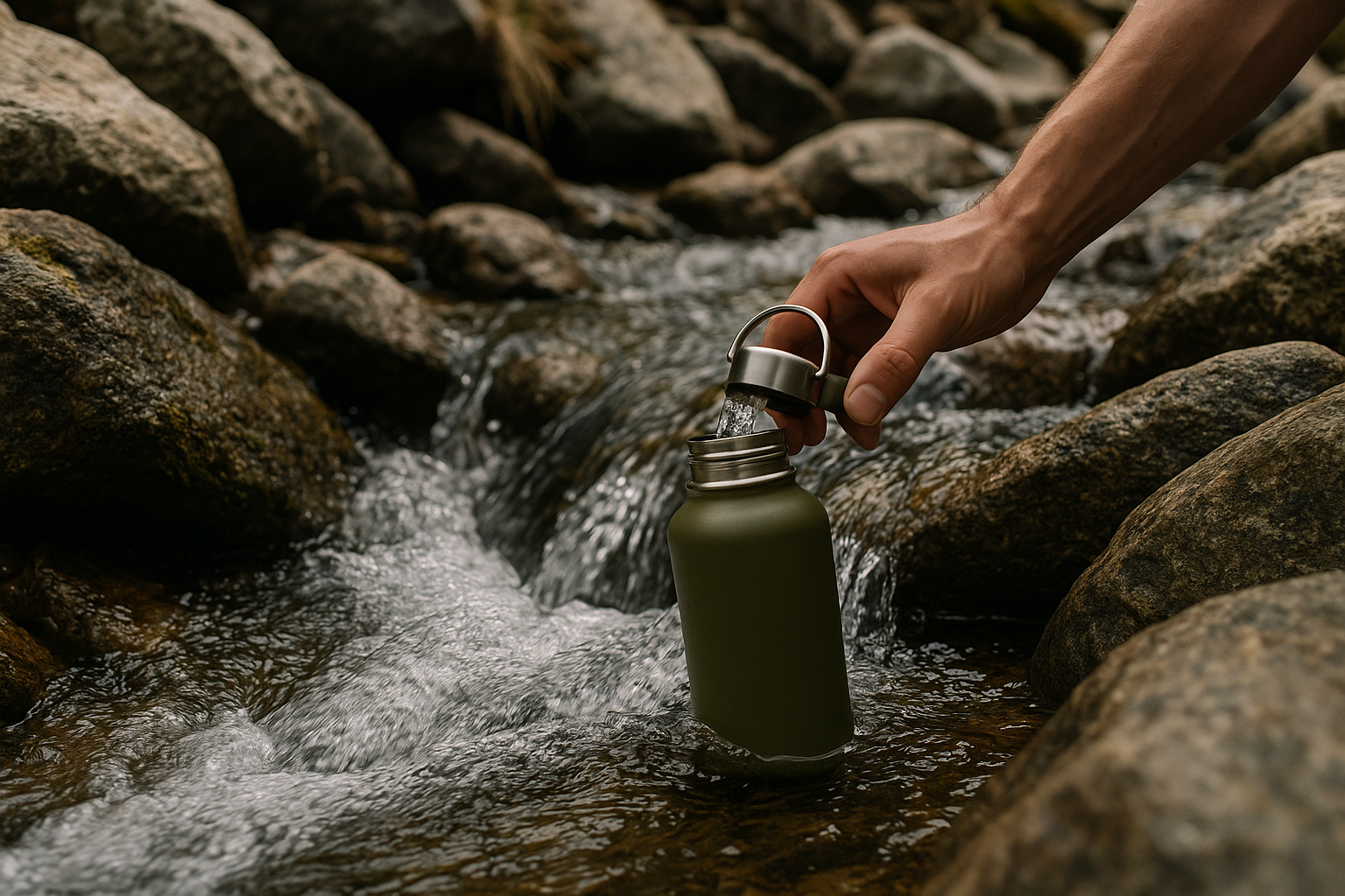 eau ruisseau purification gourde randonnée