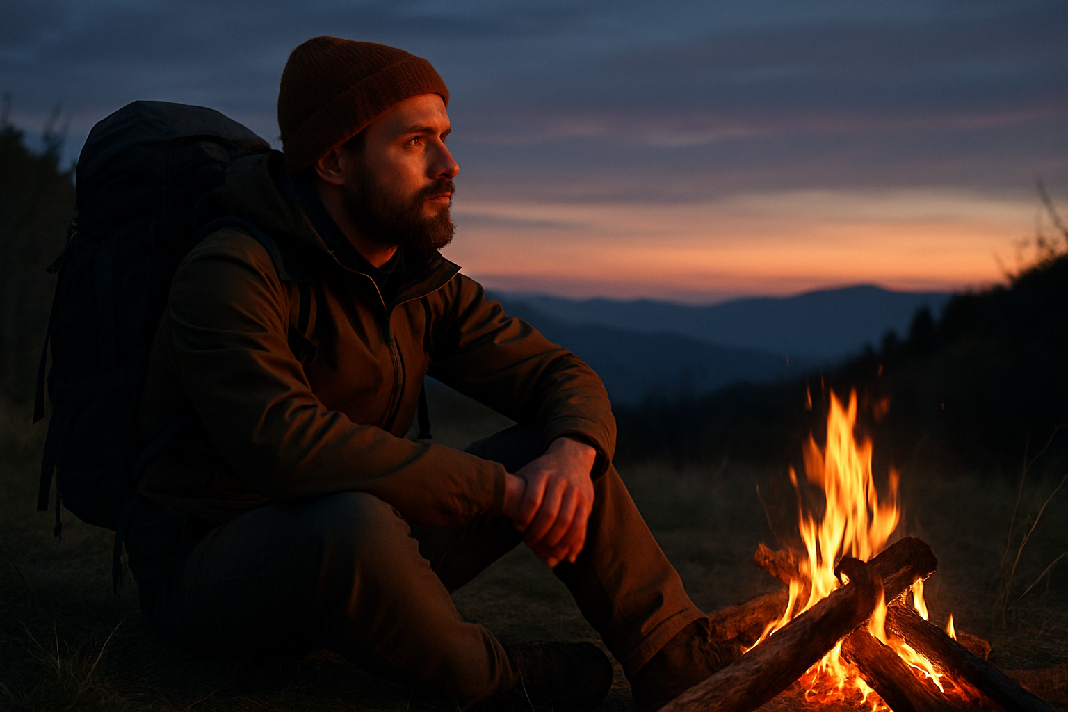 randonneur feu camp crépuscule mental survie