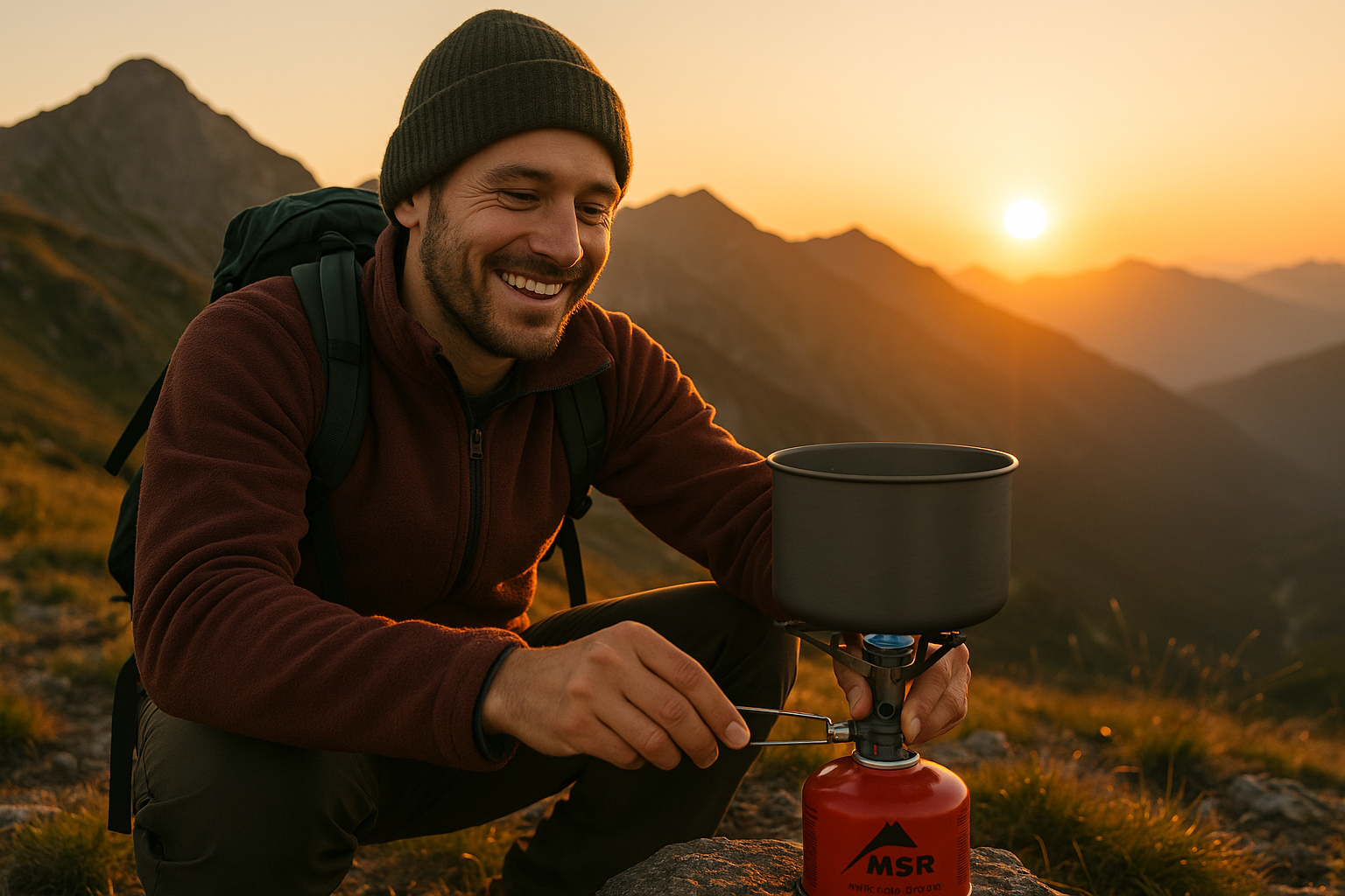 happy hiker meal MSR stove mountain sunset