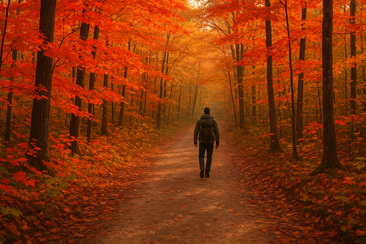 forest trail red maple autumn hiker Quebec