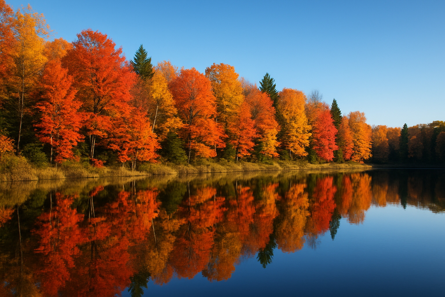 lake reflection autumn colors trees Quebec