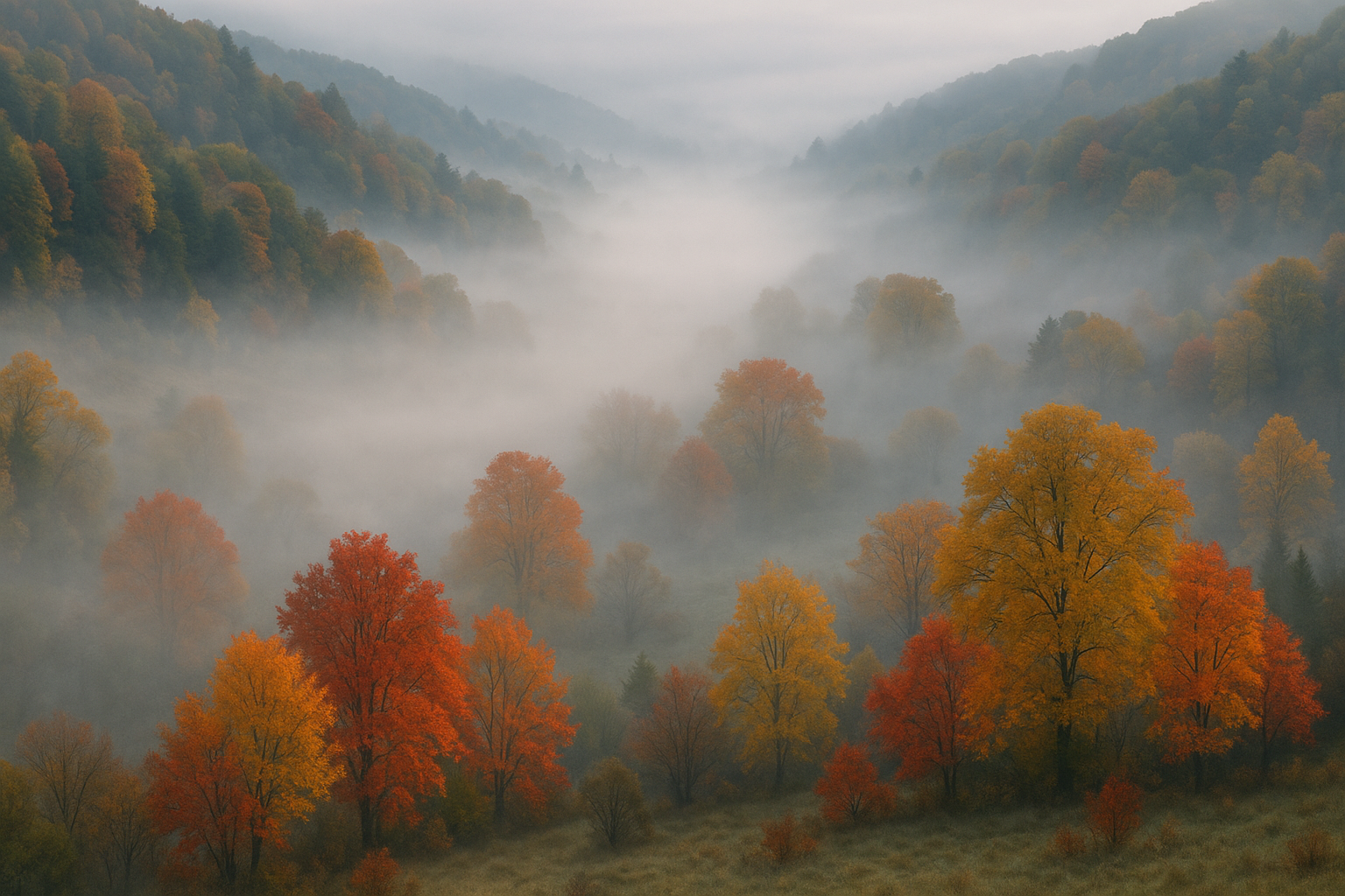 morning fog valley autumn colors emerging