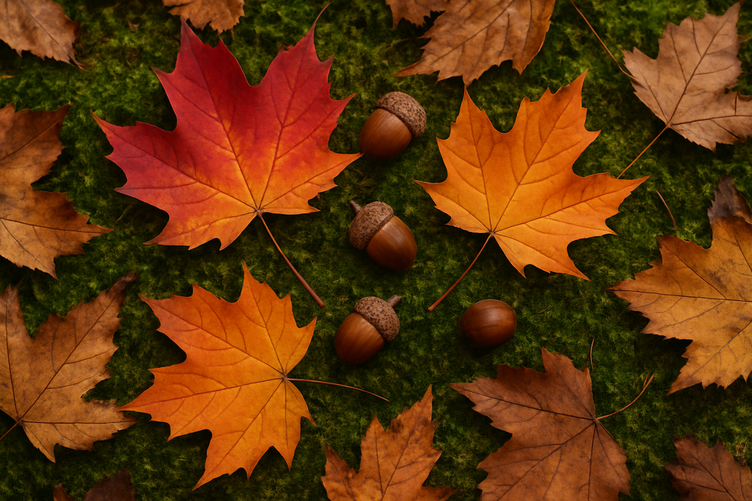 colorful maple leaves ground acorns moss autumn