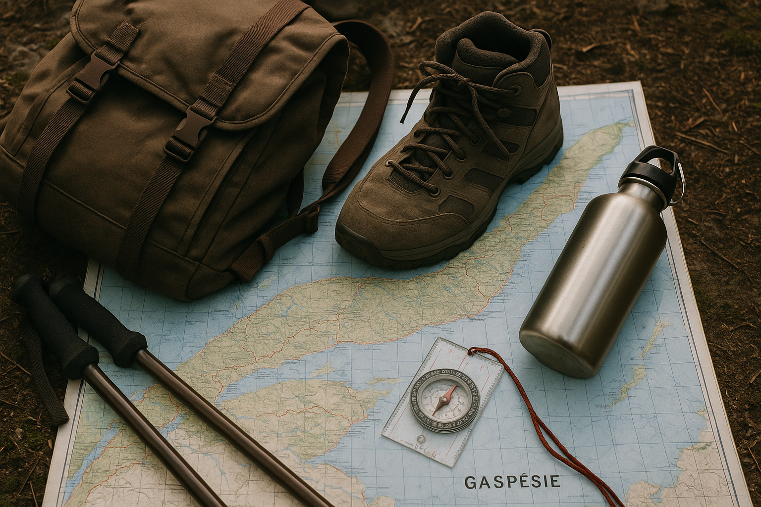 hiking equipment Gaspésie map preparation