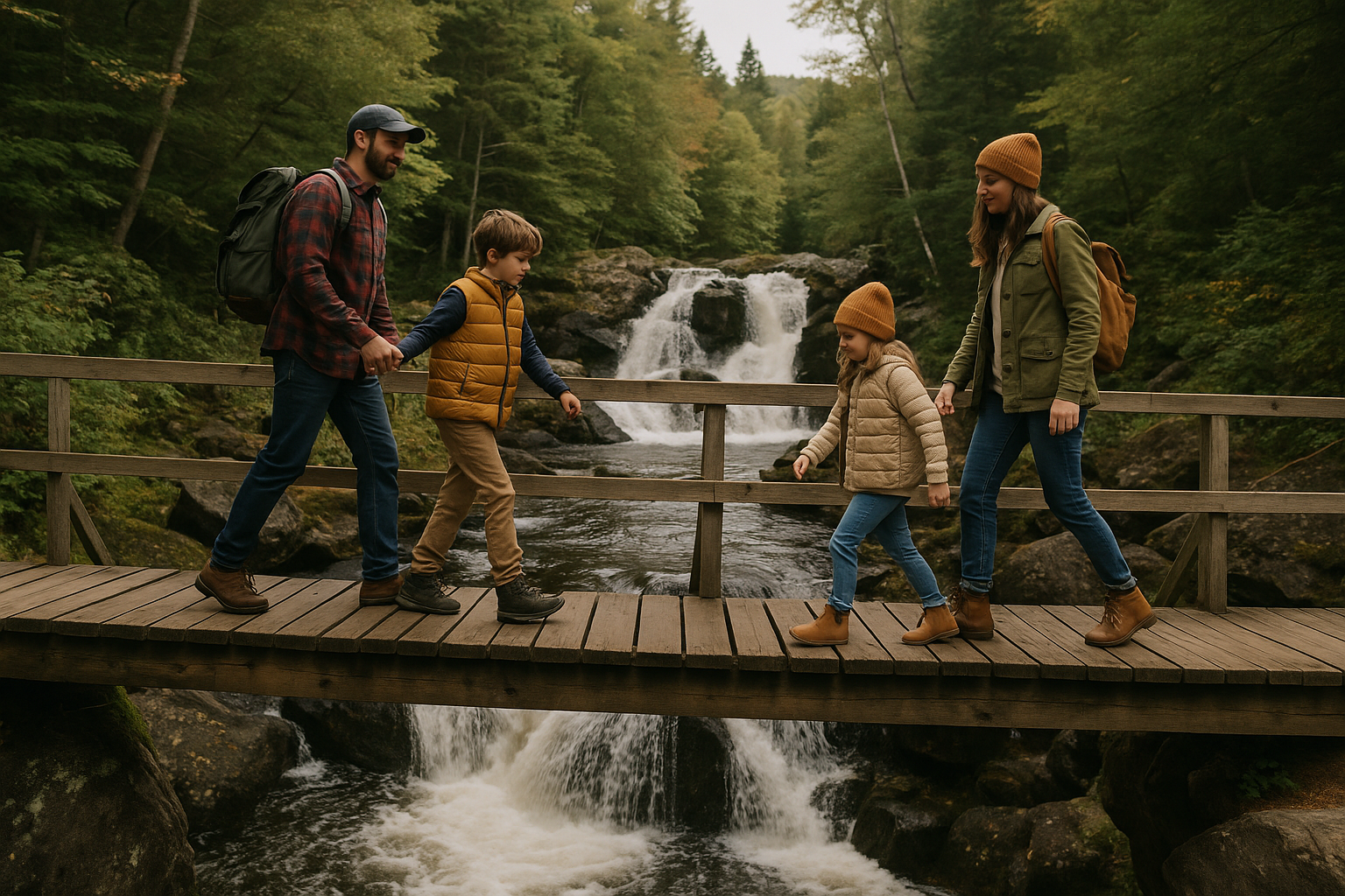 famille passerelle cascade sentier Laurentides