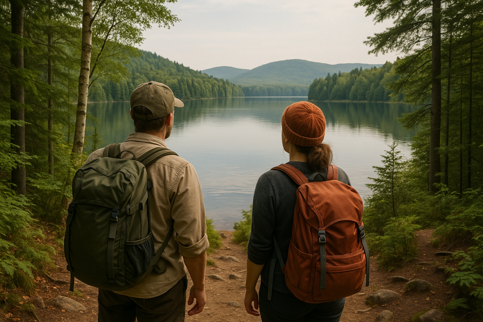 randonneurs lac sentier facile Laurentides