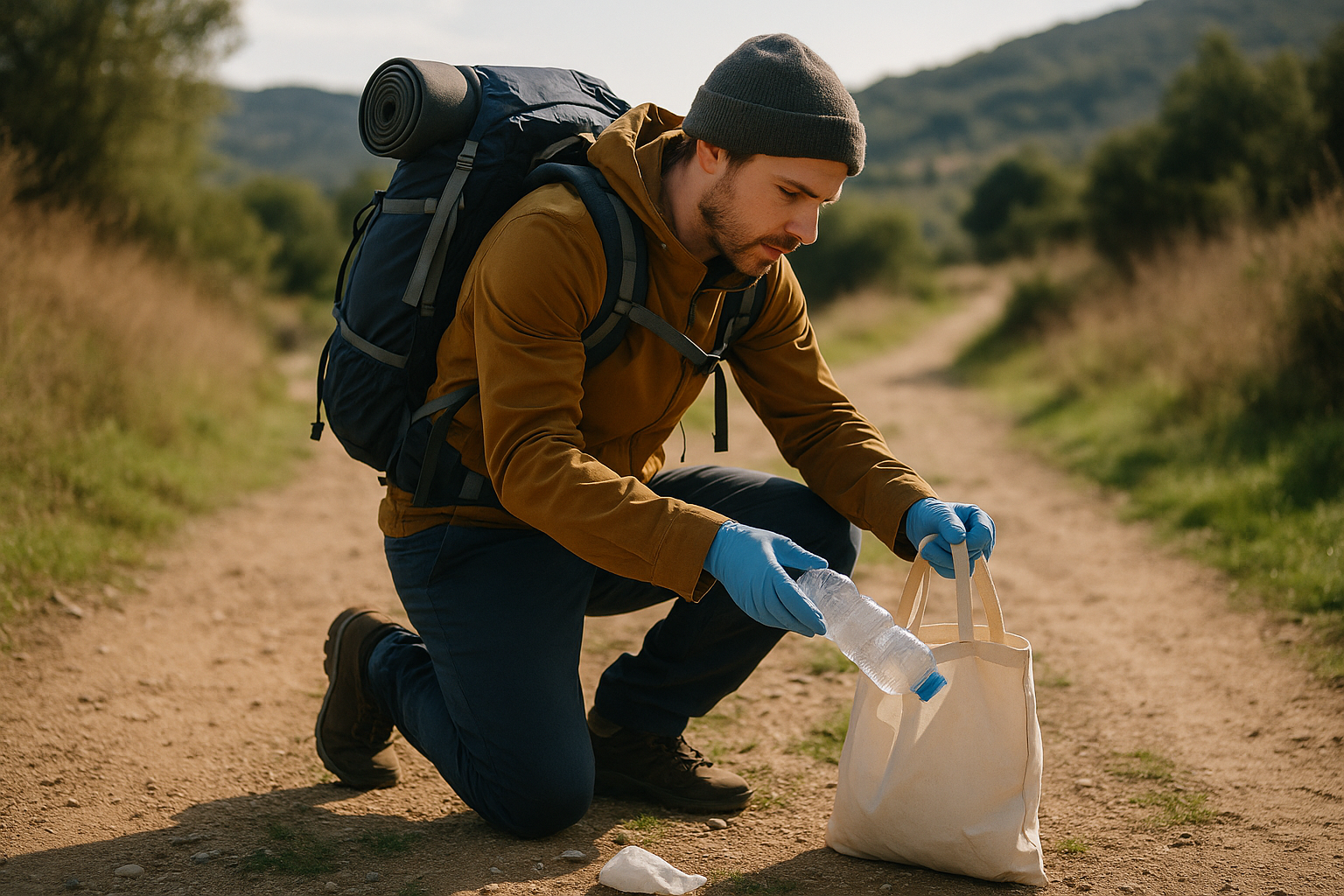 randonneur ramassage déchets sentier environnement
