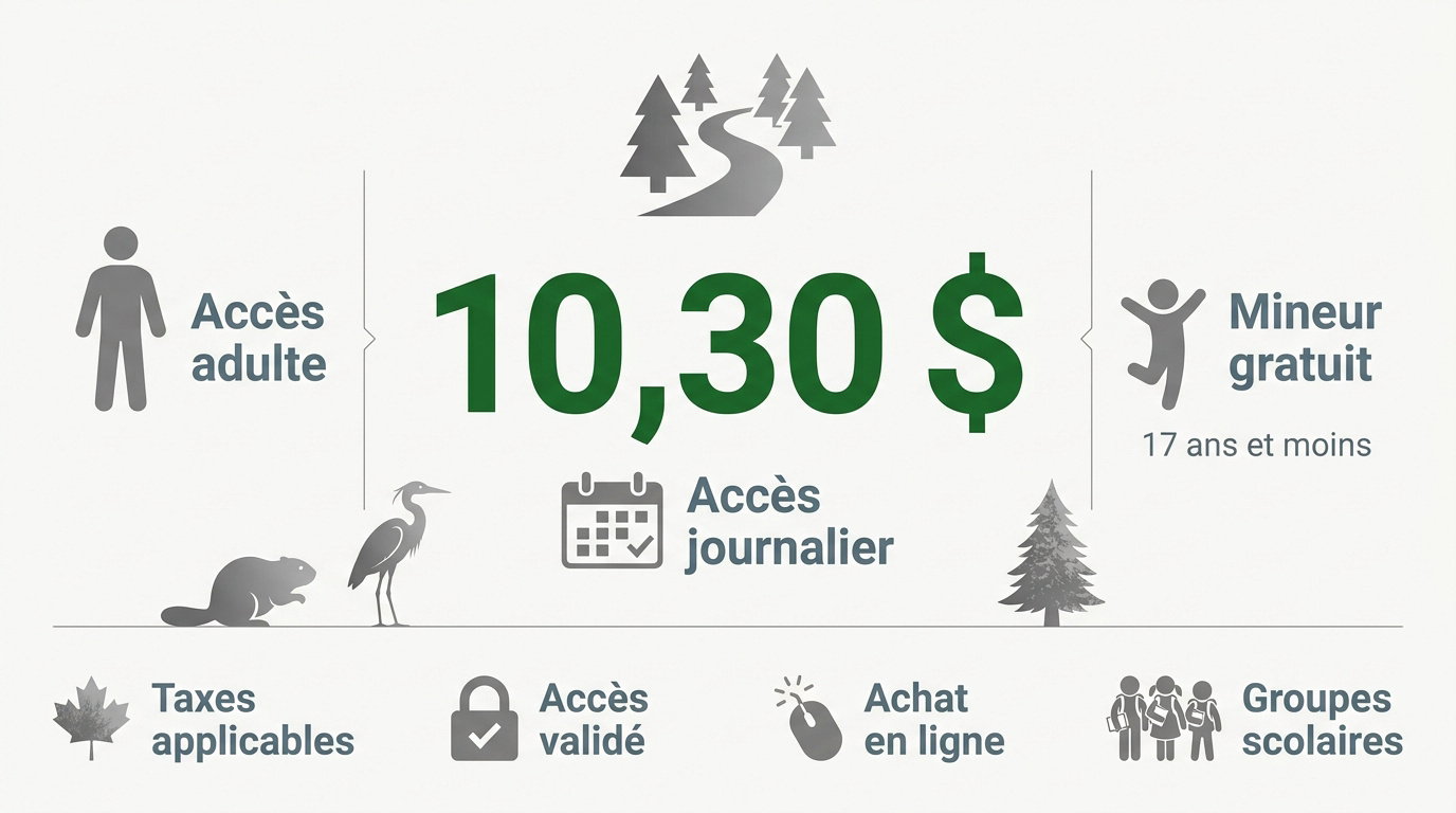 Tableau des tarifs d'accès journalier aux parcs nationaux de la Sépaq pour la saison 2026