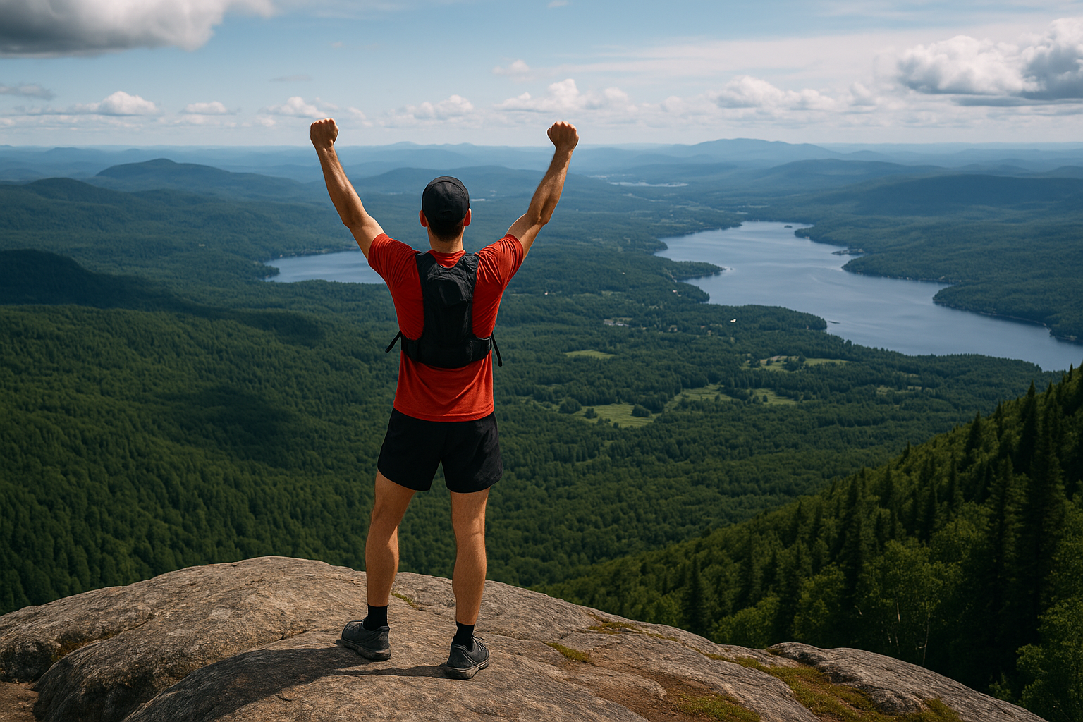 trail runner mountain summit victory panorama Quebec