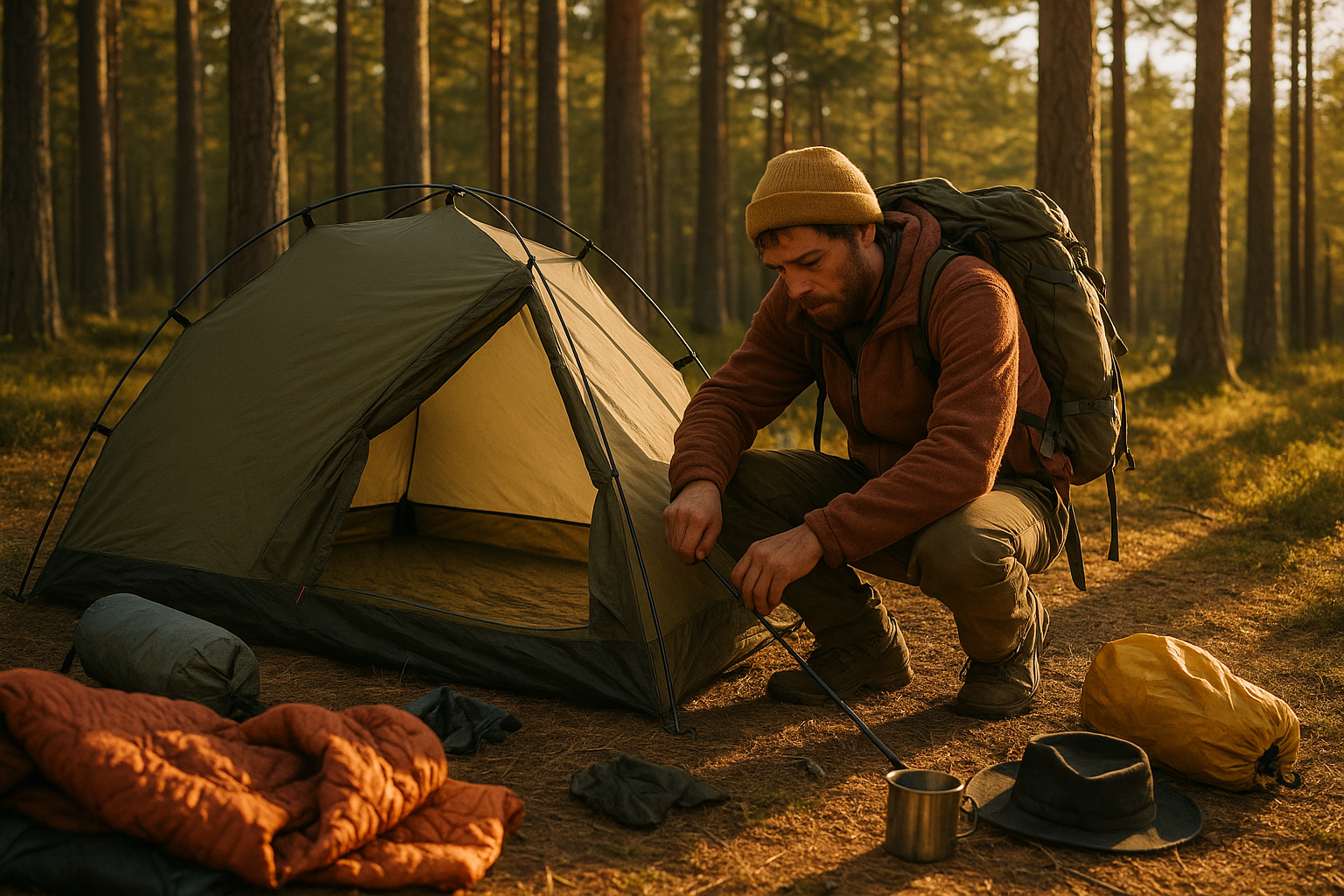 setting up camp forest tired hiker