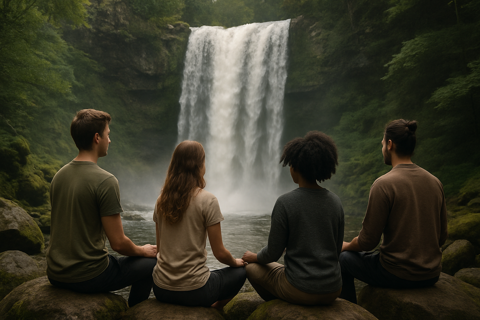 contemplation cascade groupe amis silence