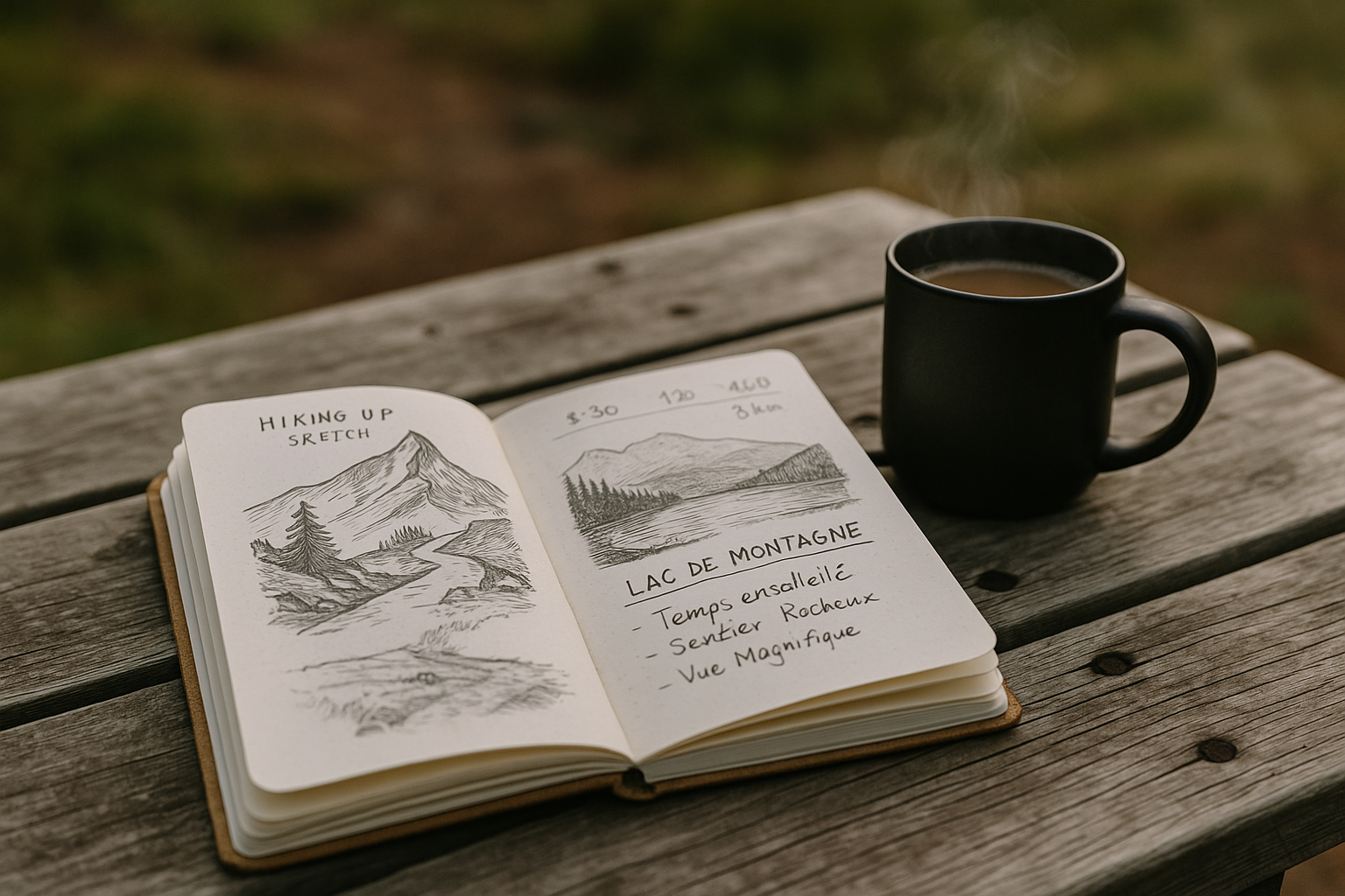 carnet randonnée croquis notes café nature