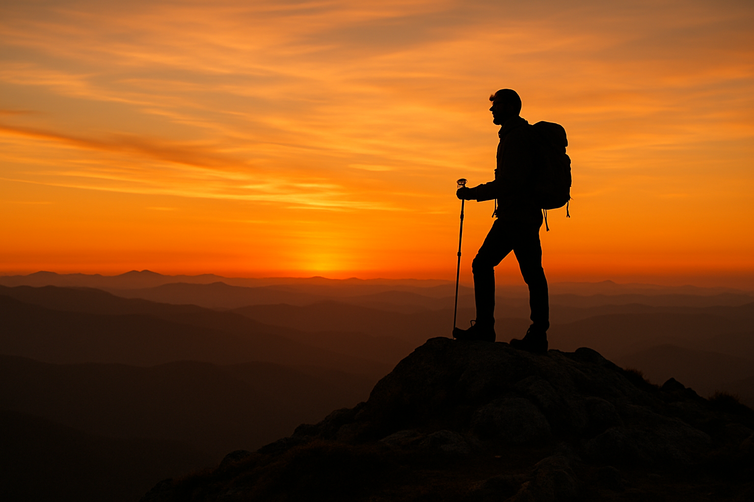 randonneur sommet montagne coucher soleil silhouette panorama