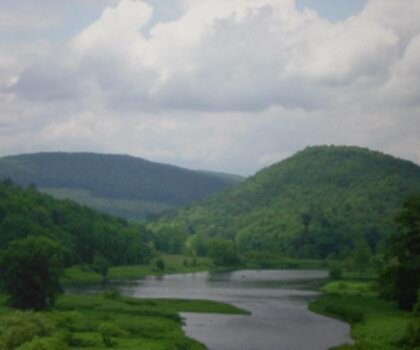 Delaware River trail - hiking in New York  tree outdoor mountain sky nature cloud fog river hill station highland forest surrounded lush